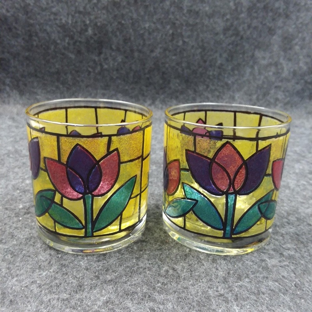 2 Vintage MCM West Virginia Stained Glass Tulip Low Ball Glasses Cups Bar
